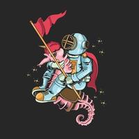 astronauta buceo paseo mar caballo unicornio ilustración vector