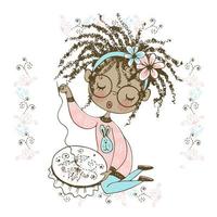 A pretty black girl is engaged in needlework and embroiders a beautiful pattern on the hoop. Vector. vector