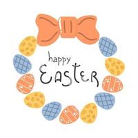 Hand drawn easter egg wreath and text Happy Easter. Flat illustration. vector