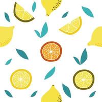 Seamless pattern of hand drawn lemon, slice and leaves. Flat illustration on white background. vector