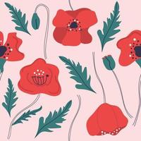 Seamless pattern of hand drawn poppy flowers. Modern flat illustration. vector