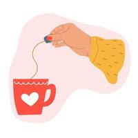 mano sosteniendo una bolsita de té y una taza de té. dibujado a mano ilustración plana. vector