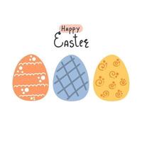 Hand drawn eggs with abstract ornament and text Happy Easter. Flat illustration. vector