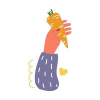 Hand holding carrot. Love vegetables concept. Flat drawn illustration. vector