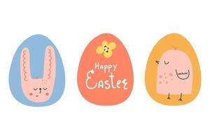 Hand drawn eggs with rabbit, bird and text Happy Easter. Flat illustration.