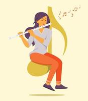 Woman Sit on the Big Music Note Symbol and Enjoys Playing Flute.