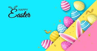 Happy easter. Celebration. Colorful easter egg and bunny ears on colorful paper background. light and shadow . Vector. illustration. vector