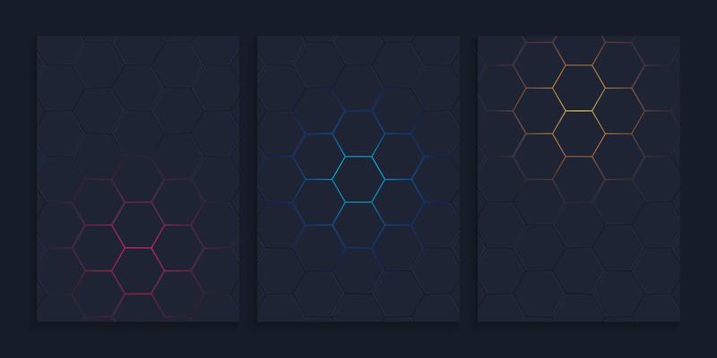 Dark hexagonal cover design with gradient colors