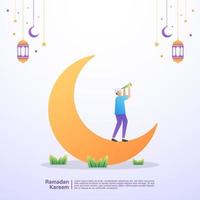 A Muslim is looking at the moon, waiting for iftar time. Illustration concept of ramadan kareem vector