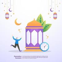 El hombre musulmán está feliz al romper el ayuno del Ramadán. concepto de ilustración de ramadan kareem vector