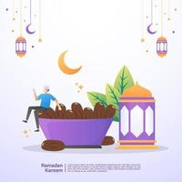 hombre musulmán feliz y disfruta de la comida iftar del ramadán. concepto de ilustración de ramadan kareem vector