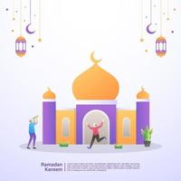 musulmanes felices de dar la bienvenida al mes de Ramadán en una mezquita. concepto de ilustración de ramadan kareem vector