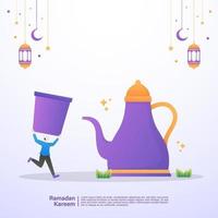 hombre musulmán feliz al romper el ayuno del ramadán. concepto de ilustración de ramadan kareem vector