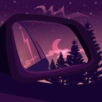 Side view mirror reflection of a dark forest under the night sky. Fantasy landscape with a gradient sunset and tree silhouettes seen from inside the car. vector