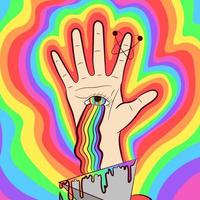 Vector art of a hand with the eye of God and a rainbow. Psychedelic and occult illustration about spirituality and palmistry.