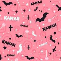 Pastel goth background with bats, lollipops, crosses and stars. Seamless kawaii pink pattern with spooky Halloween elements and creepy doodles. vector