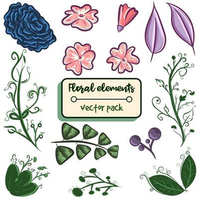 Element pack with floral objects. Vector set with isolated flowers, leaves and branches. Pink and green herbs and plants for spring and summer events
