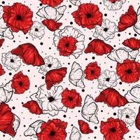 Red seamless pattern with sketch poppies. Repetitive floral background with garden flowers for spring and summer. vector