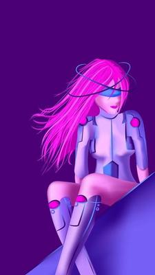 Futuristic cyborg woman in a robotic suit. Digital and artificial intelligence concept. Humanoid with pink hair in a glowing outfit