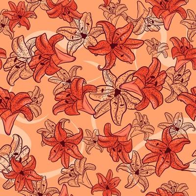 Spring seamless pattern with floral elements and sketches. Repetitive summer background with orange lilies and tulips. Natural and botanical texture with yellow flowers.
