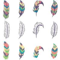 Element pack with isolated colorful feathers and sketches. Collection of hippie bohemian objects with aztec and oriental motifs. vector