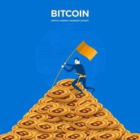 Bitcoin mining concept. The businessman stands on a coin mountain vector