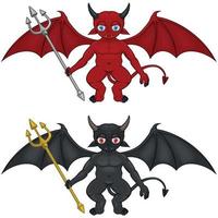 diseño vectorial dos diablitos con diferentes colores con tridentes y alas de demonio. vector