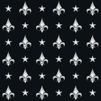 Geometric pattern vector design with lily flowers and stars, silver metallic style.