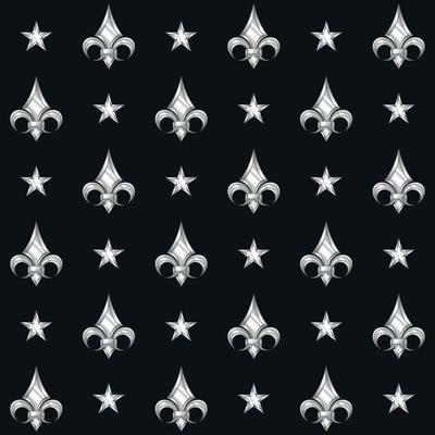 Geometric pattern vector design with lily flowers and stars, silver metallic style.
