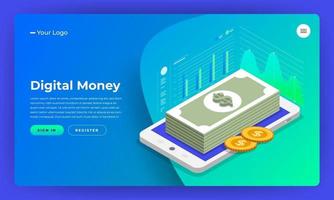 Digital money website landing page mockup vector