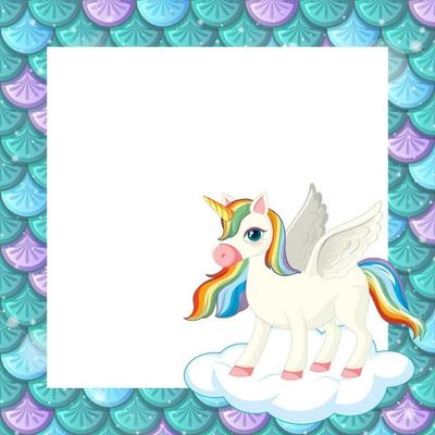 Blank green fish scales frame template with cute unicorn cartoon character