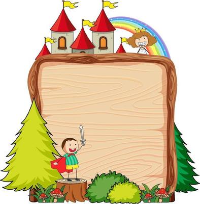 Blank wooden banner with fantasy cartoon character isolated