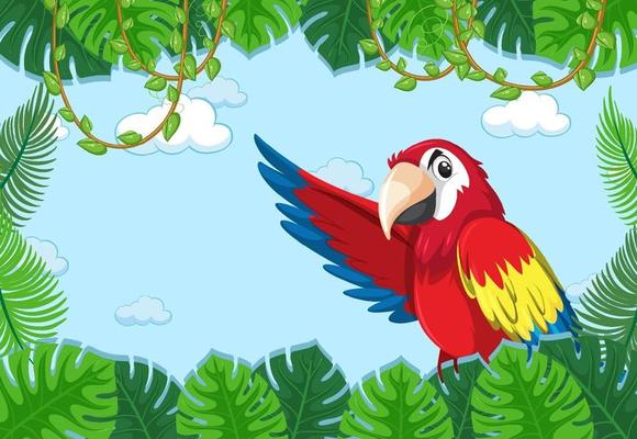 Empty banner with tropical leaves frame and parrot bird cartoon character