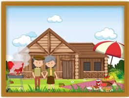 A picture of old couple doing picnic in a frame vector