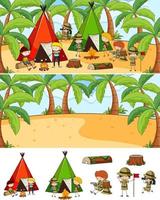 Set of different horizontal scenes background with doodle kids cartoon character vector