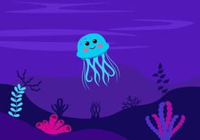 Underwater Scenery and Cute Animal Life in the Sea with Seahorses, Starfish, Octopus, Turtles, Sharks, Fish, Jellyfish, Crabs. Vector Illustration