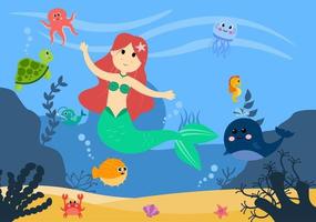 Underwater Mermaid Vector Illustration Cute Sea Animals Cartoon Characters Along with Fish, Turtle, Octopus, Seahorse, Crab