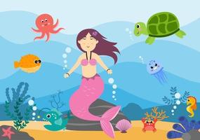Ilustración de vector de sirena submarina personajes de dibujos animados de animales marinos lindos junto con peces, tortugas, pulpos, caballitos de mar, cangrejos