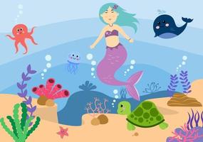 Ilustración de vector de sirena submarina personajes de dibujos animados de animales marinos lindos junto con peces, tortugas, pulpos, caballitos de mar, cangrejos