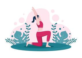 Las prácticas de yoga o meditación tienen como objetivo los beneficios para la salud del cuerpo para controlar los pensamientos, las emociones, el inicio y la búsqueda de ideas. ilustración vectorial de diseño plano vector