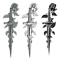 Rose with dagger in black and white vector