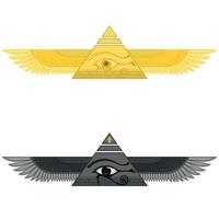 Ilustración de la pirámide alada con ojo de horus, pirámide egipcia antigua con alas, pirámide alada, ojo de horus, cruz ankh vector
