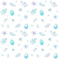 Easter watercolor seamless pattern with colorful eggs, flowers and leaves, isolated on white vector