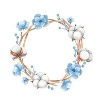 Watercolor wreath of cotton flowers, twigs and blue anemone flowers vector
