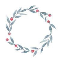 Watercolor wreath with grey leaves and red berries