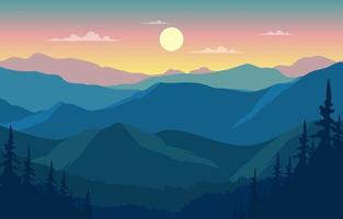 hermoso bosque de pinos panorama de montaña paisaje ilustración plana vector