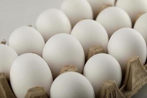 Huevos de gallina cruda en una caja de huevos sobre un fondo blanco. foto