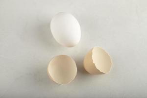 One whole white chicken egg with eggshells photo