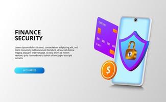 modern financial security concept with 3D illustration of smartphone with credit card, coin, shield and padlock. vector