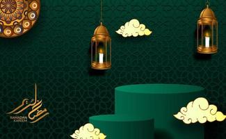 cylinder podium display with hanging lantern and green background for ramadan or islamic event vector